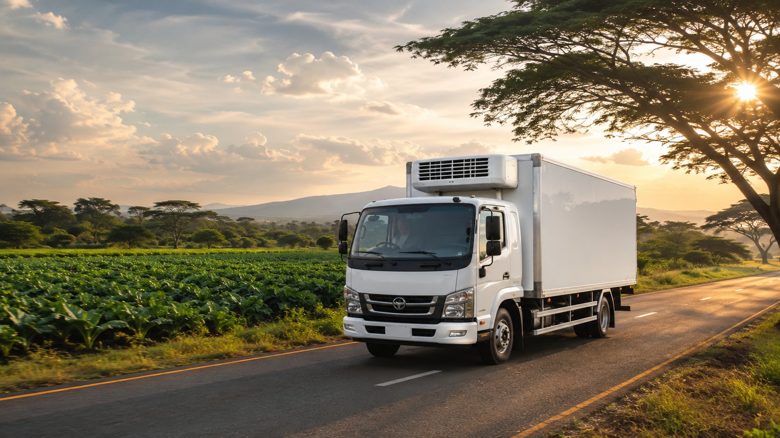 Refrigerated delivery truck near green Kenyan farms
